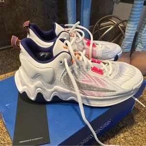 Nike Kids White Sneakers with Pink and Purple Accents